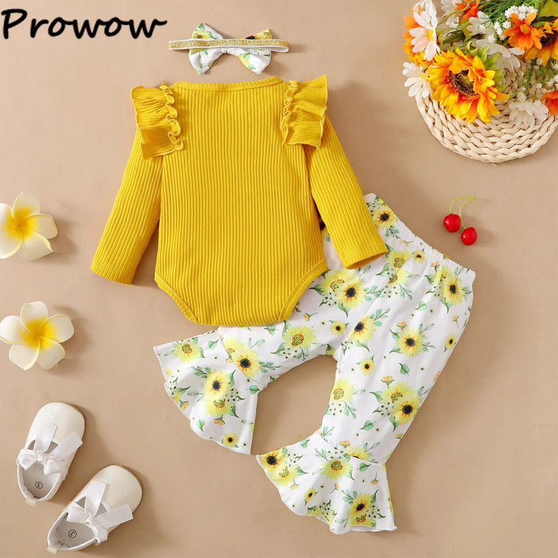 Prowow 0-18M őszi baba lány ruha készletek "Szia" nadrág és napraforgó kiszélesedő nadrág + fejpánt 3db újszülött ruha