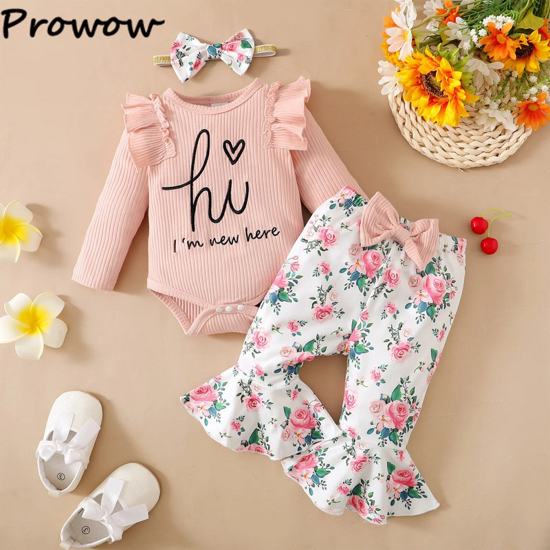 Prowow 0-18M őszi baba lány ruha készletek "Szia" nadrág és napraforgó kiszélesedő nadrág + fejpánt 3db újszülött ruha