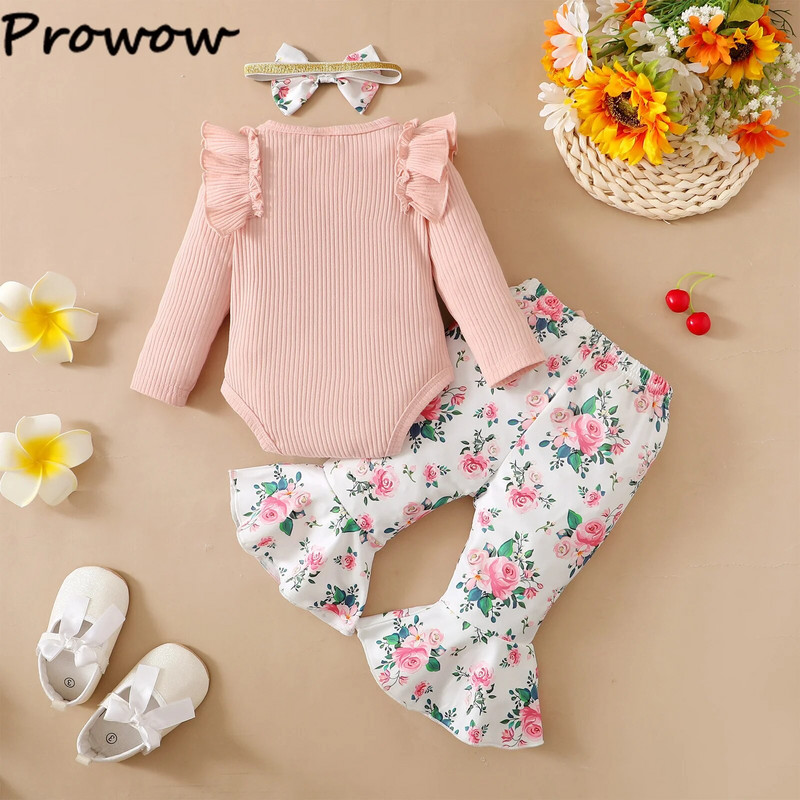 Prowow 0-18M őszi baba lány ruha készletek "Szia" nadrág és napraforgó kiszélesedő nadrág + fejpánt 3db újszülött ruha