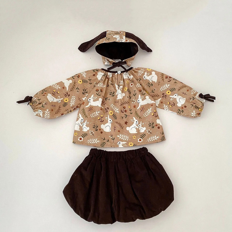 Aranyos hangulatos 2023-as őszi csecsemő újszülött body-szett - nyúlmintás hosszú ujjú felső + egyszínű nadrágsapka gyerekeknek kislányoknak