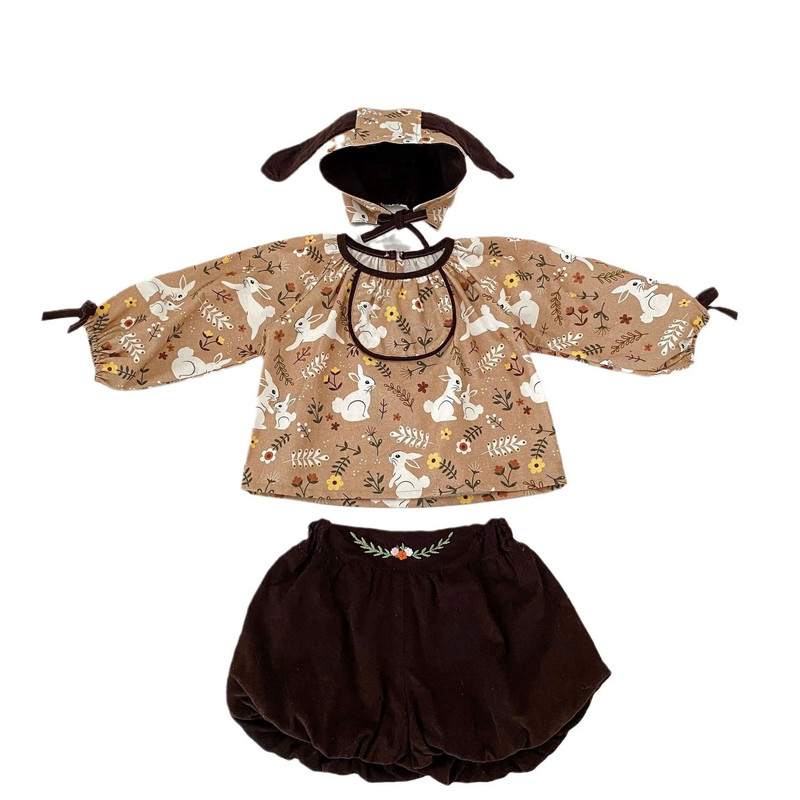 Aranyos hangulatos 2023-as őszi csecsemő újszülött body-szett - nyúlmintás hosszú ujjú felső + egyszínű nadrágsapka gyerekeknek kislányoknak