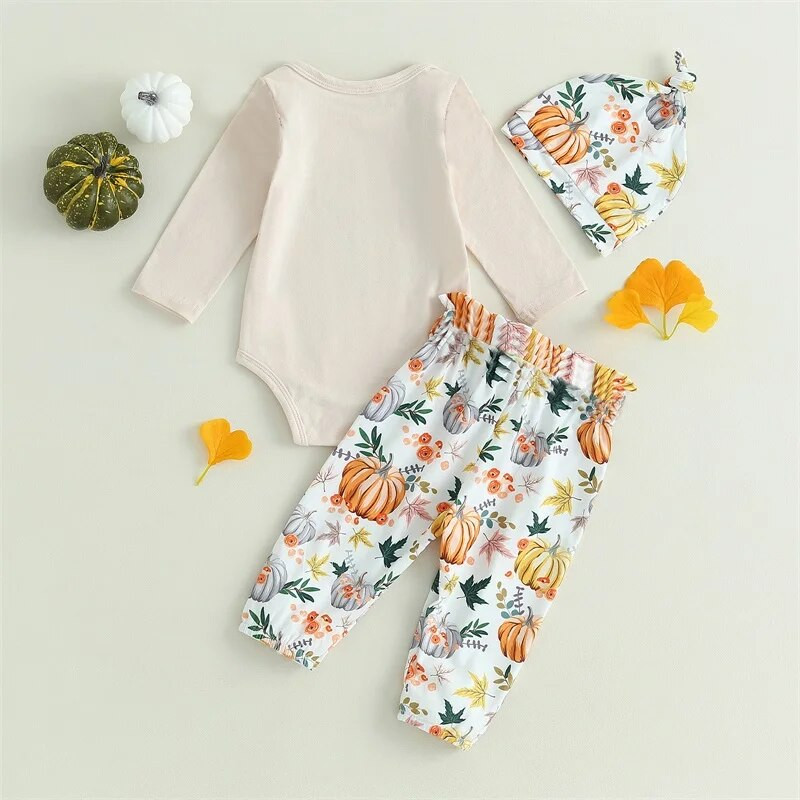 Újszülött lány halloween ruhák levélmintás hosszú ujjú nadrág sütőtök nadrág csomós sapka 3 db ruha