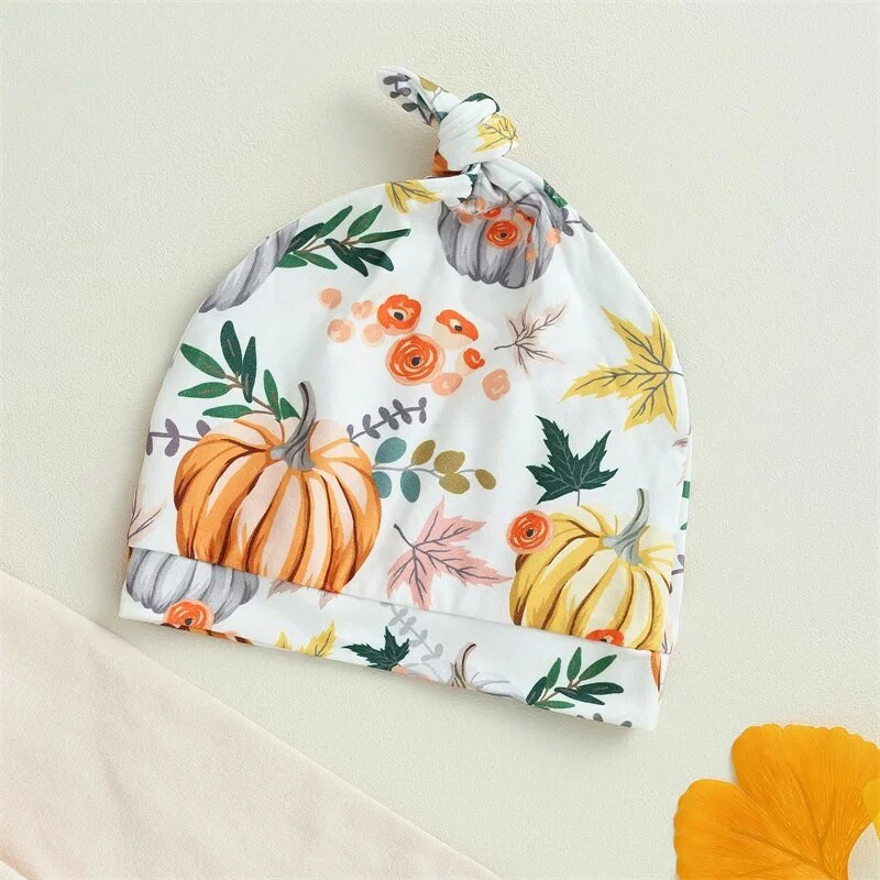 Újszülött lány halloween ruhák levélmintás hosszú ujjú nadrág sütőtök nadrág csomós sapka 3 db ruha