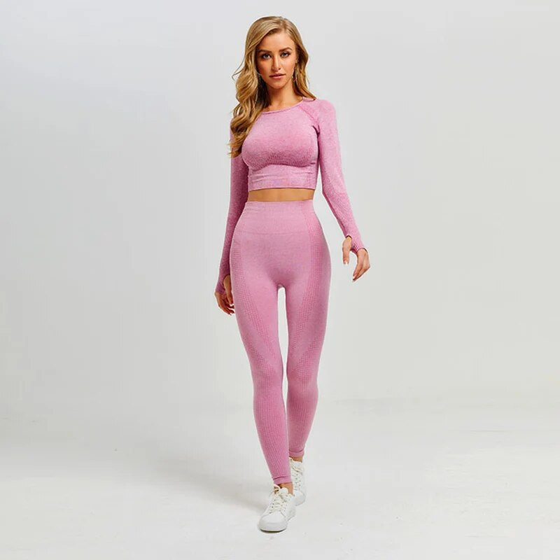 Női Vital Seamless Jógakészlet Edzőtermi Ruházat Fitnesz Leggings+Vágott ingek Sportruha Női Hosszú ujjú atlétaruha Aktív viselet