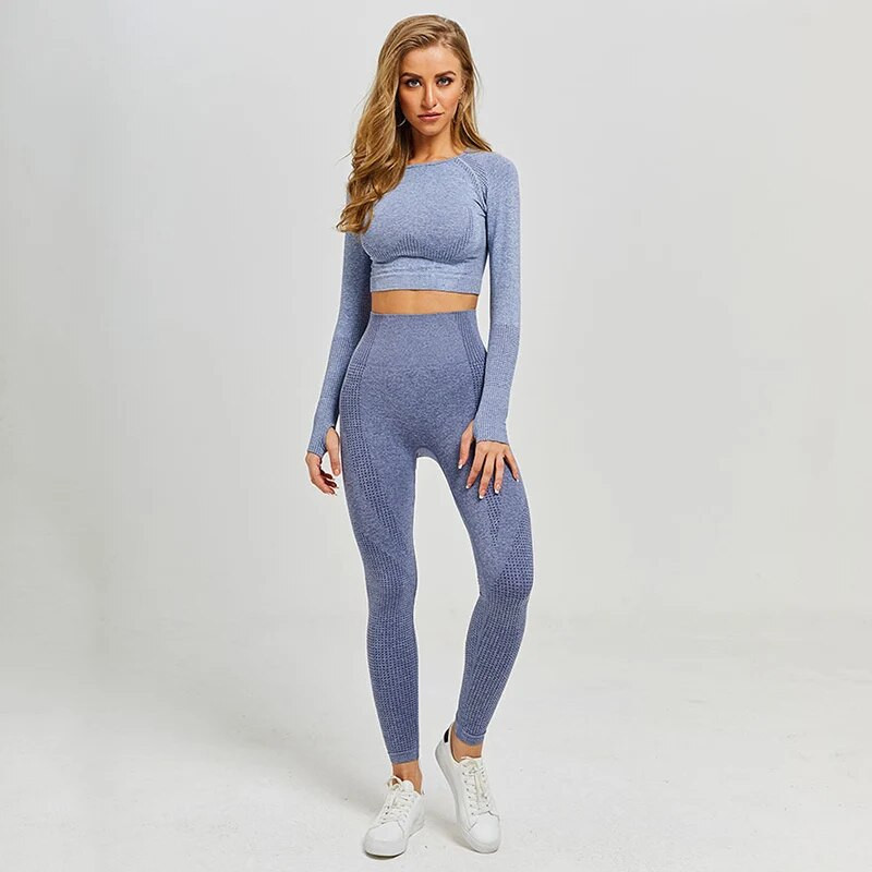 Női Vital Seamless Jógakészlet Edzőtermi Ruházat Fitnesz Leggings+Vágott ingek Sportruha Női Hosszú ujjú atlétaruha Aktív viselet