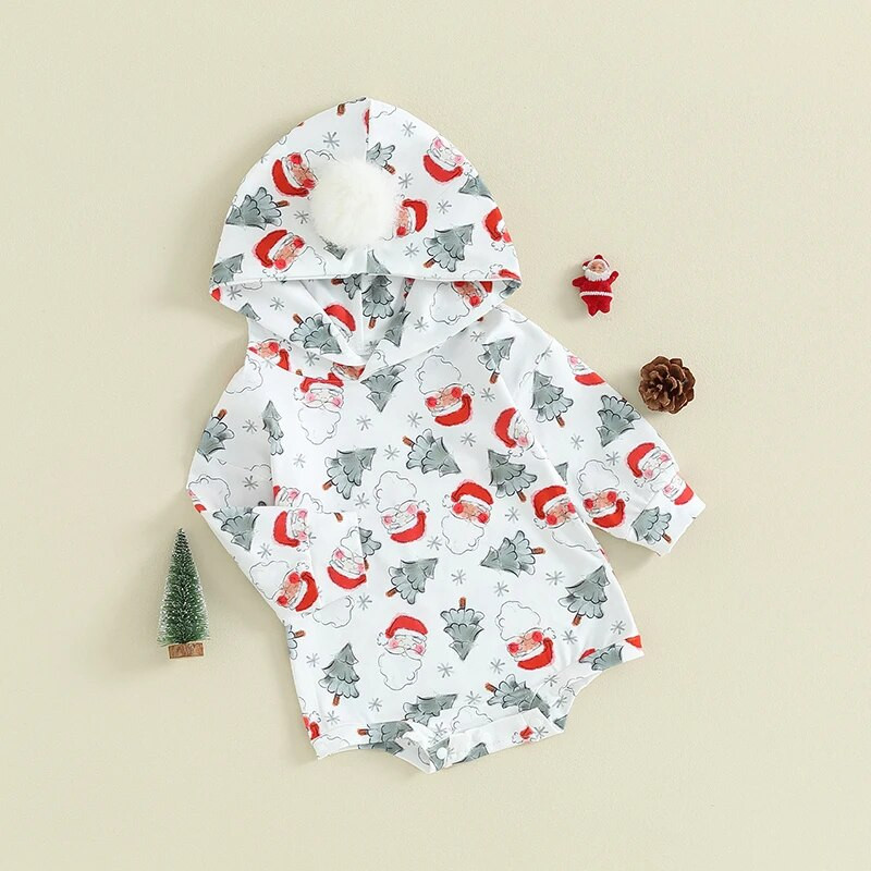 ma&baby 0-12M karácsonyi újszülött csecsemő baba hosszú ujjú póló, kapucnis Mikulásfa mintás Jumpsuit Playsuit karácsonyi jelmezek