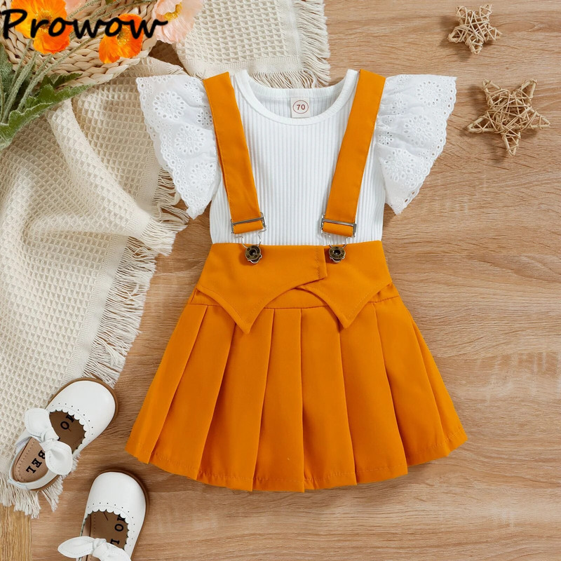 Prowow 0-18M Baby Girl Outfit Szettek Csipke ujjú fehér Body + Szoknyák Divatos öltöny Kislányoknak Újszülött ruhák