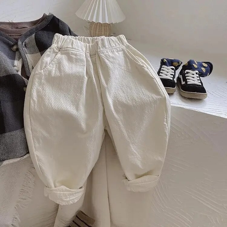 2023 ősz, új gyerekek bő nadrágok masszív fiúk bő nadrágok divat lányok zsebnadrágok baba hárem nadrág pamut babaruhák