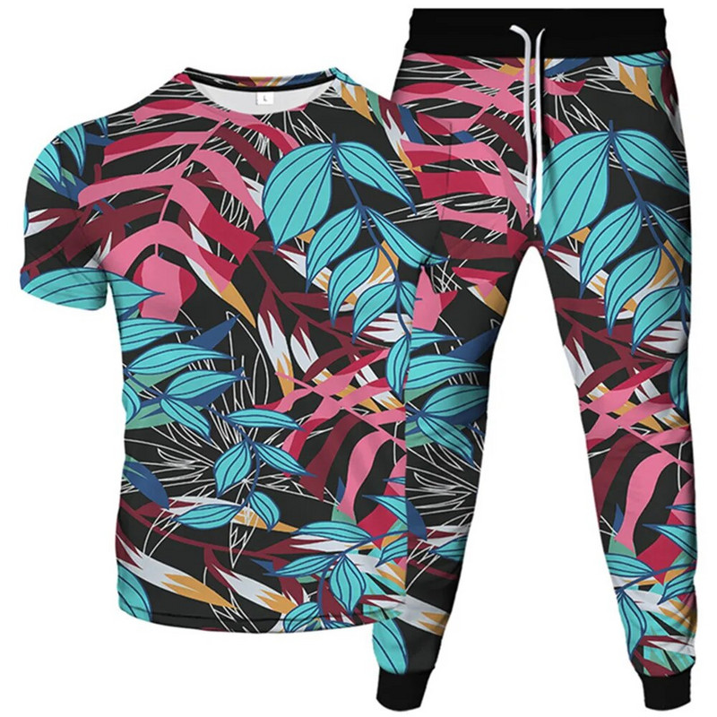 Bird Flower Weed Green Red Plant Leaf Print Férfi Női Harajuku tréningruha póló+nadrág 2db Sport szettek Nagy méretű S-6XL öltönyök