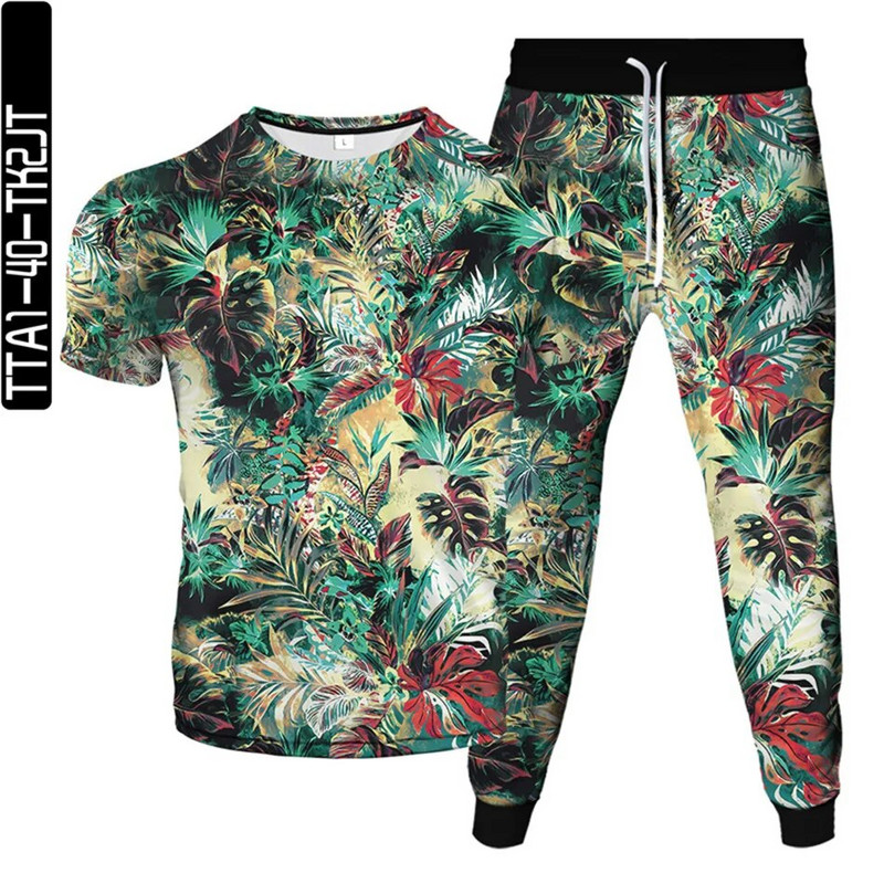 Bird Flower Weed Green Red Plant Leaf Print Férfi Női Harajuku tréningruha póló+nadrág 2db Sport szettek Nagy méretű S-6XL öltönyök