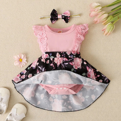 Prowow 0-18M Baby Girls Romper Φόρεμα Δαντέλα Ροζ λουλουδάτο κορμάκι για βρέφη Ακανόνιστο φόρεμα νεογέννητα ρούχα για κορίτσια