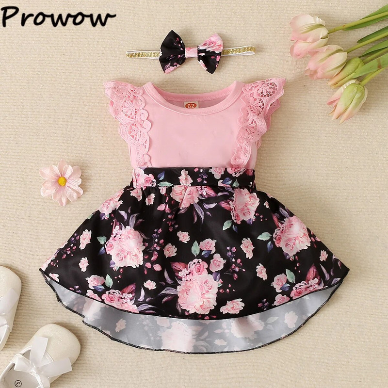 Prowow 0-18M Baby Girl Romper ruhák Csipke rózsaszín virágos body csecsemőknek Szabálytalan ruha Újszülött ruhák lányoknak