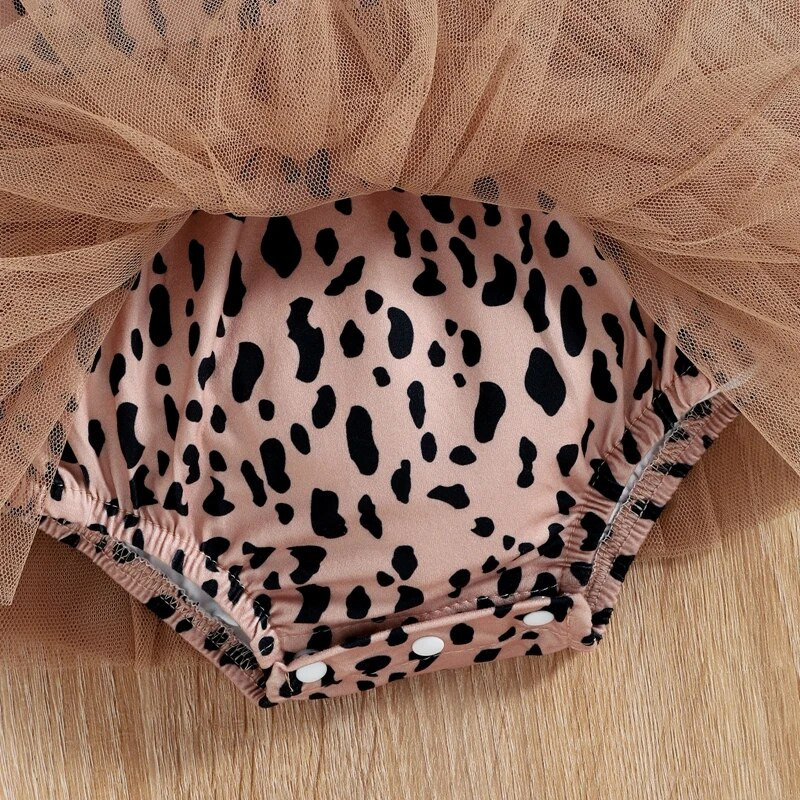 2db Baby Girl Summer Outfit, Leopárdmintás Tüll Repülő Ujjú Romper + Hajpánt kisgyermeknek, 0-12 hónapos
