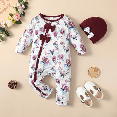 Prowow 0-18M Őszi Téli Baba Ruhák Fodor virágos Romper kalappal Bowknots Princess Body Jumpsuit újszülötteknek