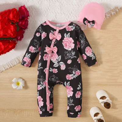 Prowow 0-18M Őszi Téli Baba Ruhák Fodor virágos Romper kalappal Bowknots Princess Body Jumpsuit újszülötteknek