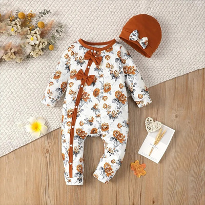 Prowow 0-18M Őszi Téli Baba Ruhák Fodor virágos Romper kalappal Bowknots Princess Body Jumpsuit újszülötteknek