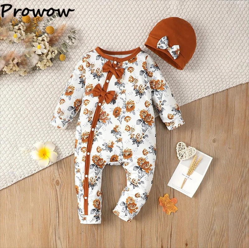 Prowow 0-18M Őszi Téli Baba Ruhák Fodor virágos Romper kalappal Bowknots Princess Body Jumpsuit újszülötteknek
