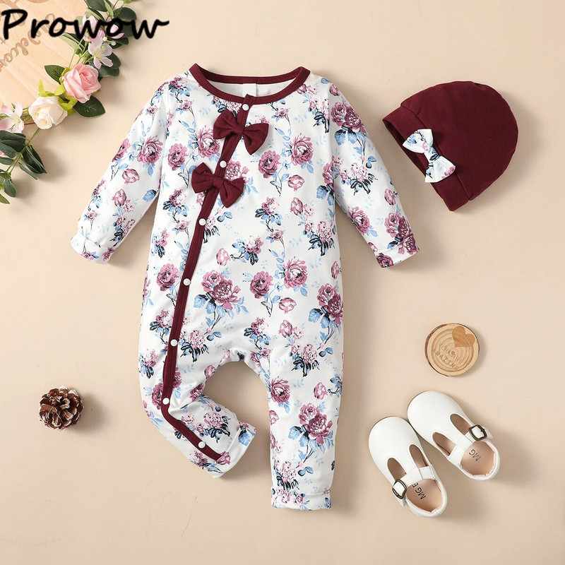 Prowow 0-18M Őszi Téli Baba Ruhák Fodor virágos Romper kalappal Bowknots Princess Body Jumpsuit újszülötteknek