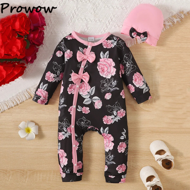 Prowow 0-18M Őszi Téli Baba Ruhák Fodor virágos Romper kalappal Bowknots Princess Body Jumpsuit újszülötteknek