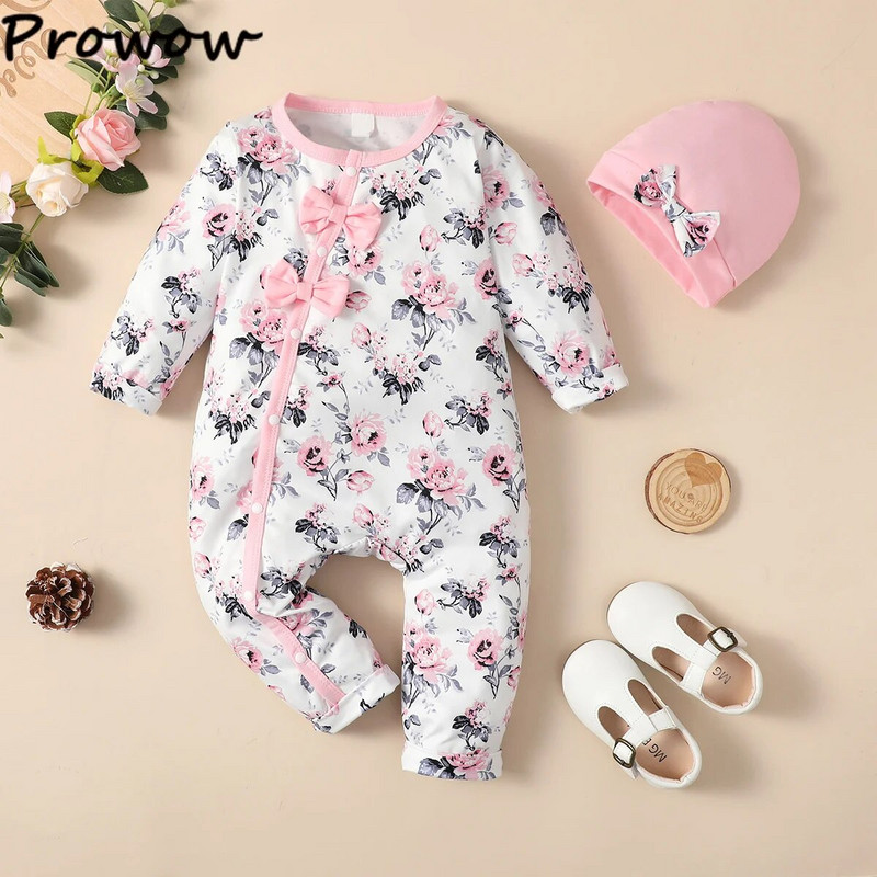 Prowow 0-18M Őszi Téli Baba Ruhák Fodor virágos Romper kalappal Bowknots Princess Body Jumpsuit újszülötteknek