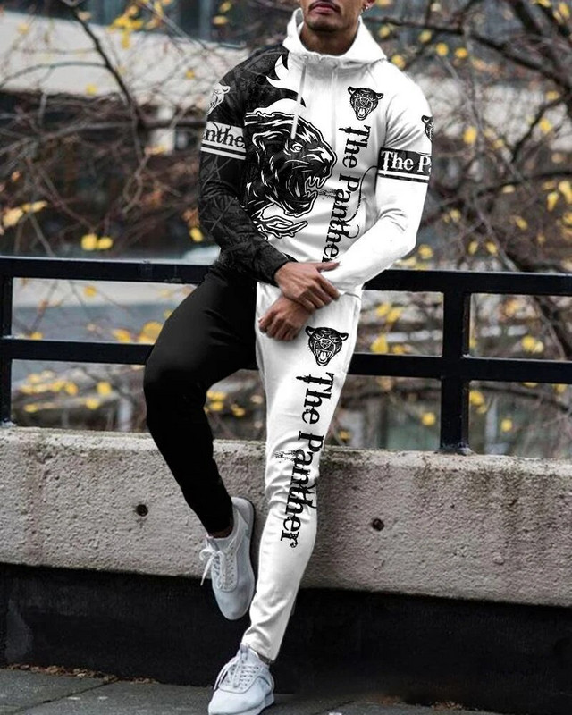 Őszi/téli férfi kapucnis szett Oroszlánkirály 3D nyomtatott tréningruha húzózsinóros kapucnis pulóver 2 részes szett Luxry férfi sportruha