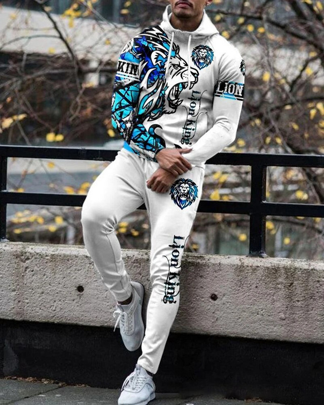 Őszi/téli férfi kapucnis szett Oroszlánkirály 3D nyomtatott tréningruha húzózsinóros kapucnis pulóver 2 részes szett Luxry férfi sportruha