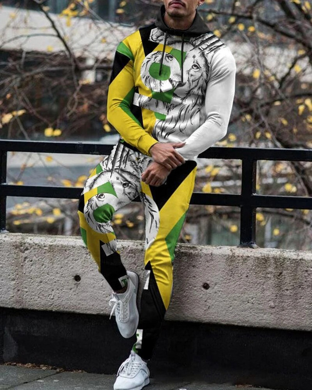 Őszi/téli férfi kapucnis szett Oroszlánkirály 3D nyomtatott tréningruha húzózsinóros kapucnis pulóver 2 részes szett Luxry férfi sportruha