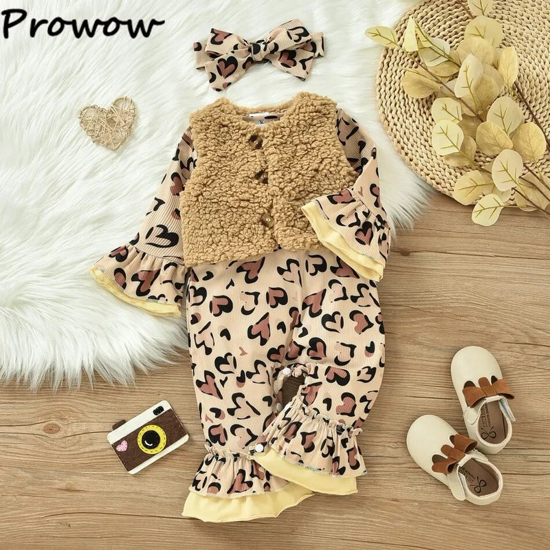 Prowow 0-18M őszi tél baba lány kiszélesedett nadrág szív leopárdmintás body csecsemőknek + gyapjú mellény újszülött lány ruhák