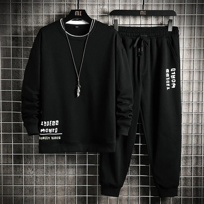 Őszi férfi tréningruha, 2021, új alkalmi szolid szettek férfi polár pulóver + nadrág kétrészes férfi hip-hop utcai sportruha