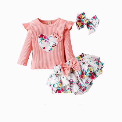 Prowow 0-24M Cute Baby Girl Romper Σετ μακρυμάνικο μπλουζάκια σε σχήμα καρδιάς + βολάν Κορμάκι Floral σύνολα Ρούχα νεογέννητων