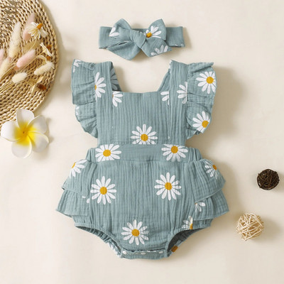 Prowow 0-12M Καλοκαιρινό κορμάκι για κοριτσάκι Onesies βολάν Daisy printed Romper Εξώπλατη ολόσωμη φόρμα + κεφαλόδεσμος νεογέννητα κοριτσίστικα ρούχα