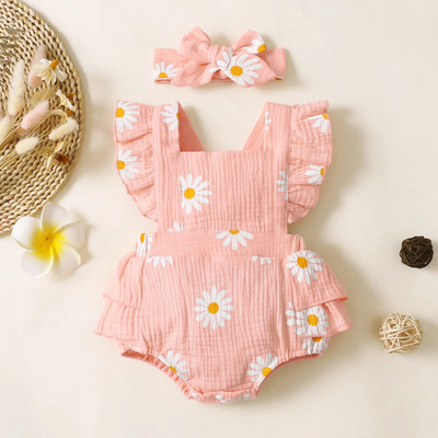 Prowow 0-12M Καλοκαιρινό κορμάκι για κοριτσάκι Onesies βολάν Daisy printed Romper Εξώπλατη ολόσωμη φόρμα + κεφαλόδεσμος νεογέννητα κοριτσίστικα ρούχα