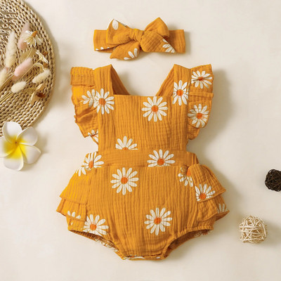 Prowow 0-12M Καλοκαιρινό κορμάκι για κοριτσάκι Onesies βολάν Daisy printed Romper Εξώπλατη ολόσωμη φόρμα + κεφαλόδεσμος νεογέννητα κοριτσίστικα ρούχα
