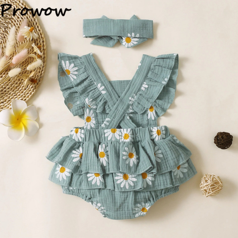 Prowow 0-12M nyári baba Body Body Onesies Fodros Százszorszép Nyomtatott Romper Hát nélküli Jumpsuit + Fejpánt Újszülött lány ruházat