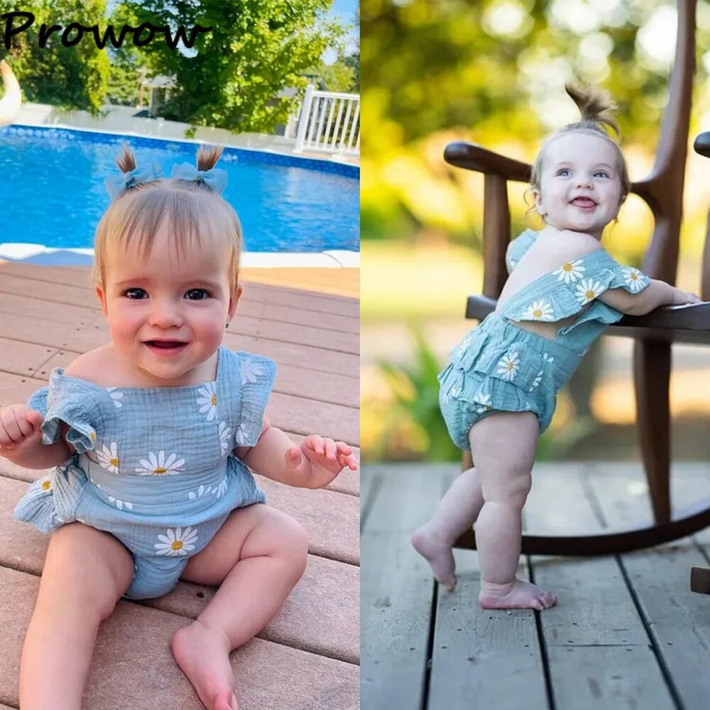 Prowow 0-12M nyári baba Body Body Onesies Fodros Százszorszép Nyomtatott Romper Hát nélküli Jumpsuit + Fejpánt Újszülött lány ruházat