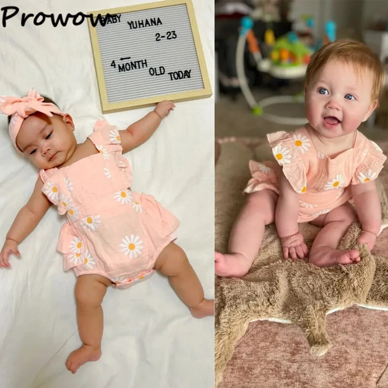 Prowow 0-12M nyári baba Body Body Onesies Fodros Százszorszép Nyomtatott Romper Hát nélküli Jumpsuit + Fejpánt Újszülött lány ruházat