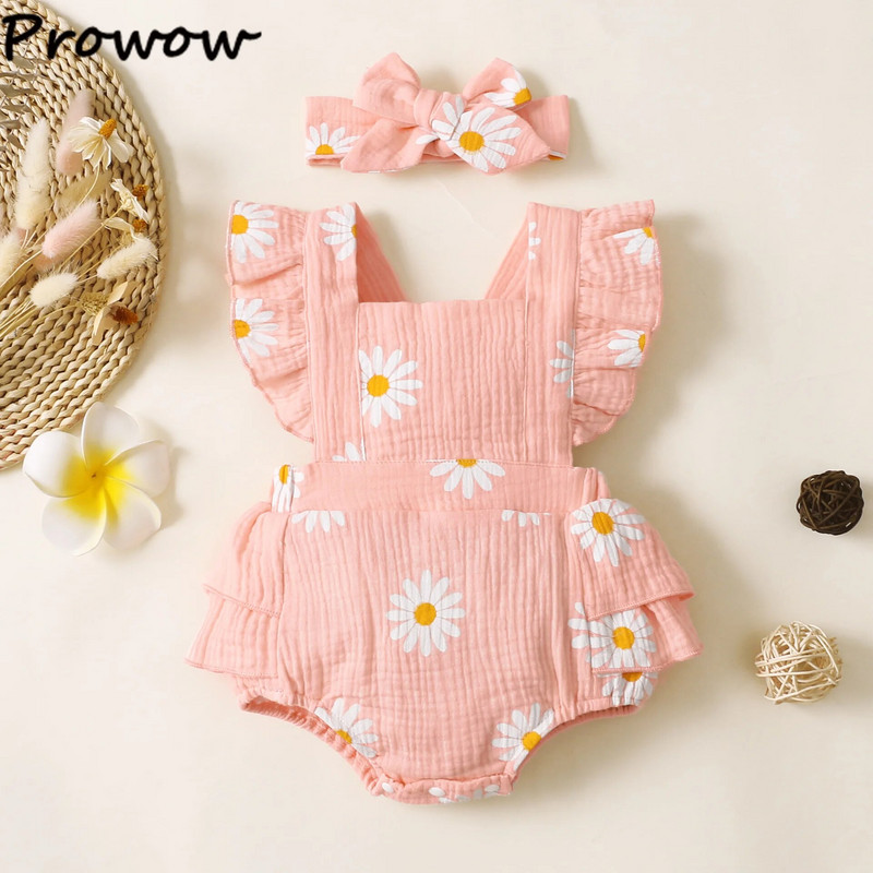 Prowow 0-12M nyári baba Body Body Onesies Fodros Százszorszép Nyomtatott Romper Hát nélküli Jumpsuit + Fejpánt Újszülött lány ruházat
