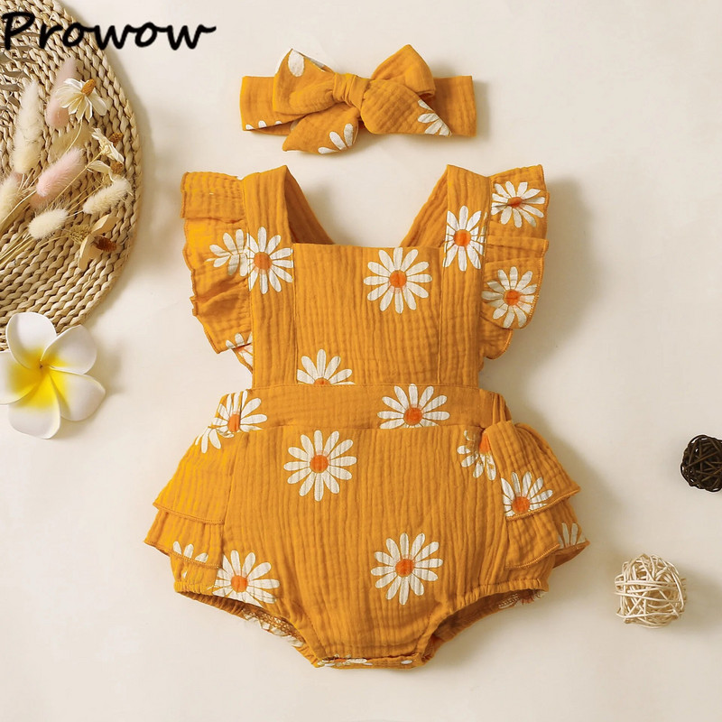 Prowow 0-12M nyári baba Body Body Onesies Fodros Százszorszép Nyomtatott Romper Hát nélküli Jumpsuit + Fejpánt Újszülött lány ruházat