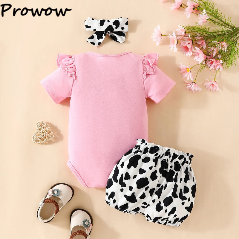 Prowow 0-18M aranyos kislány nyári ruha készletek Bowknot body és tehénnyomott rövidnadrág 3db újszülött születési szett