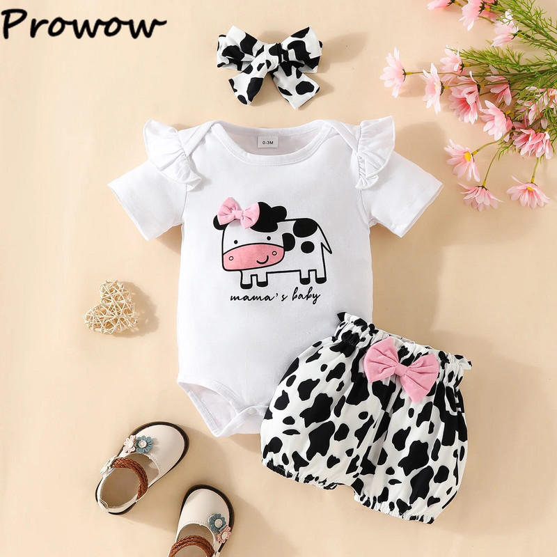 Prowow 0-18M aranyos kislány nyári ruha készletek Bowknot body és tehénnyomott rövidnadrág 3db újszülött születési szett