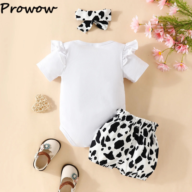 Prowow 0-18M aranyos kislány nyári ruha készletek Bowknot body és tehénnyomott rövidnadrág 3db újszülött születési szett
