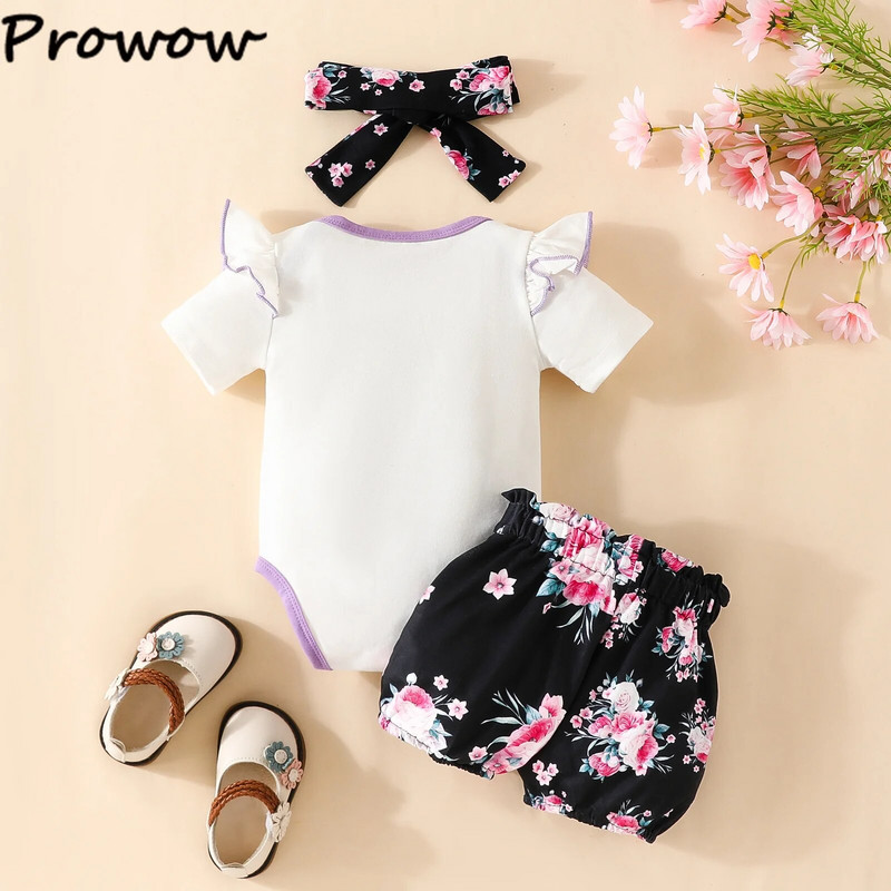 Prowow 0-18M aranyos kislány nyári ruha készletek Bowknot body és tehénnyomott rövidnadrág 3db újszülött születési szett