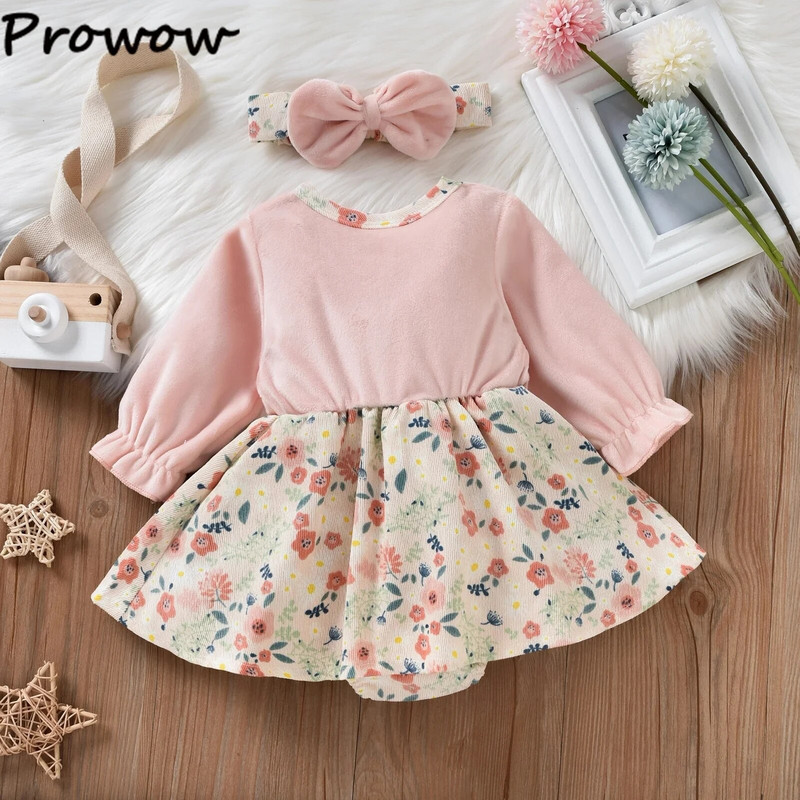 Prowow Őszi Téli Baba Születés Lányruhák Faux 2db Rózsaszín virágos Romper Jumpsuit újszülötteknek Body Ruha Újszülött ruhák