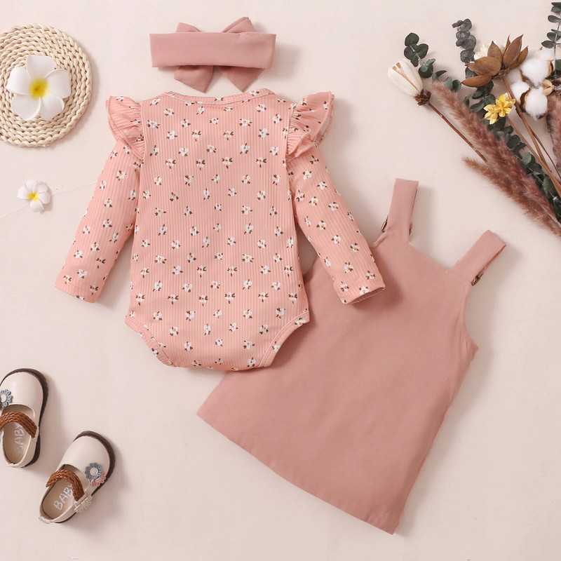 0-18M csecsemő baba lányoknak, szép ruhakészletek, 3db virágos/szilárd legyes ujjú nadrág felsők + zseboverál szoknyák