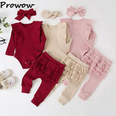 Prowow 0-18M őszi újszülött születési szettek Fodros tömör nadrág + fodros nadrág + fejpánt baba lányoknak, ruházati felszerelések