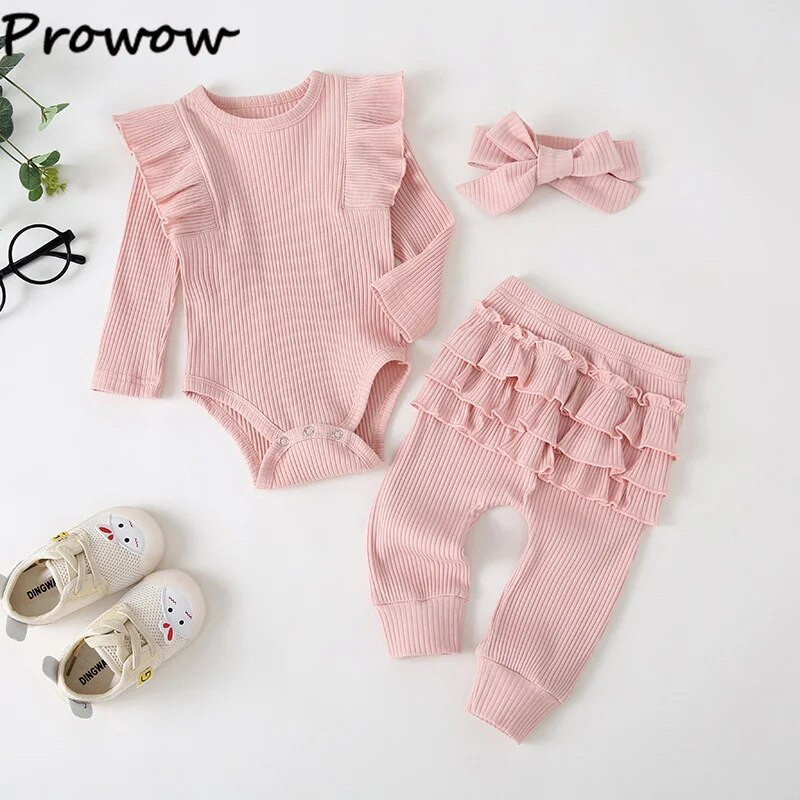 Prowow 0-18M őszi újszülött születési szettek Fodros tömör nadrág + fodros nadrág + fejpánt baba lányoknak, ruházati felszerelések
