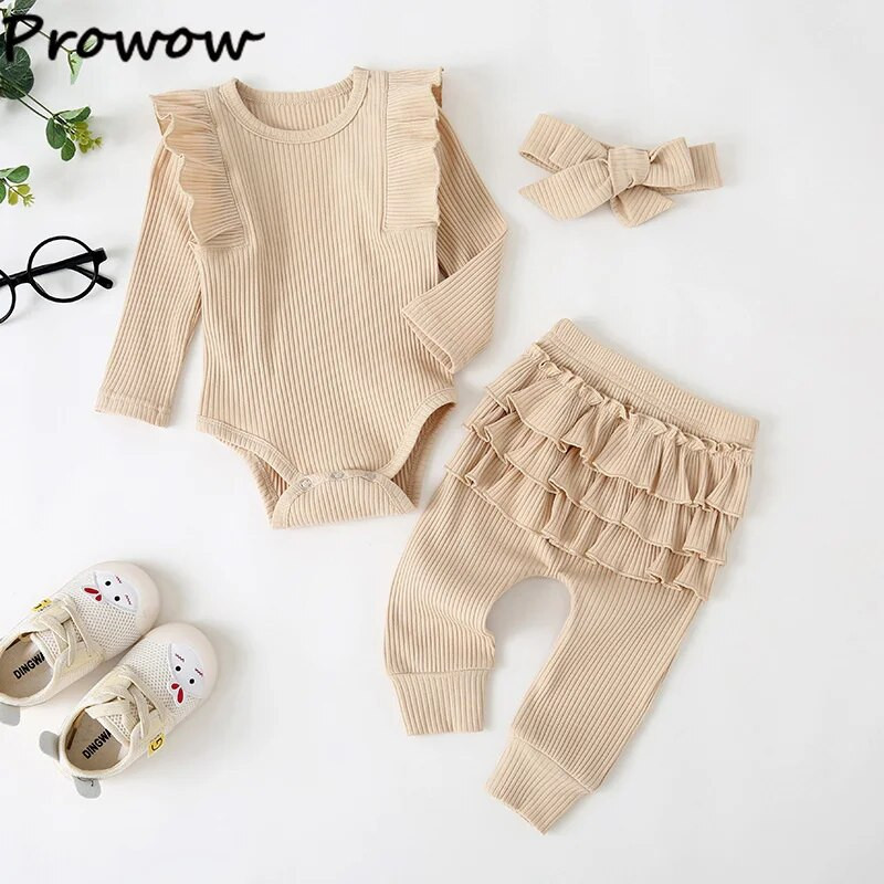 Prowow 0-18M őszi újszülött születési szettek Fodros tömör nadrág + fodros nadrág + fejpánt baba lányoknak, ruházati felszerelések