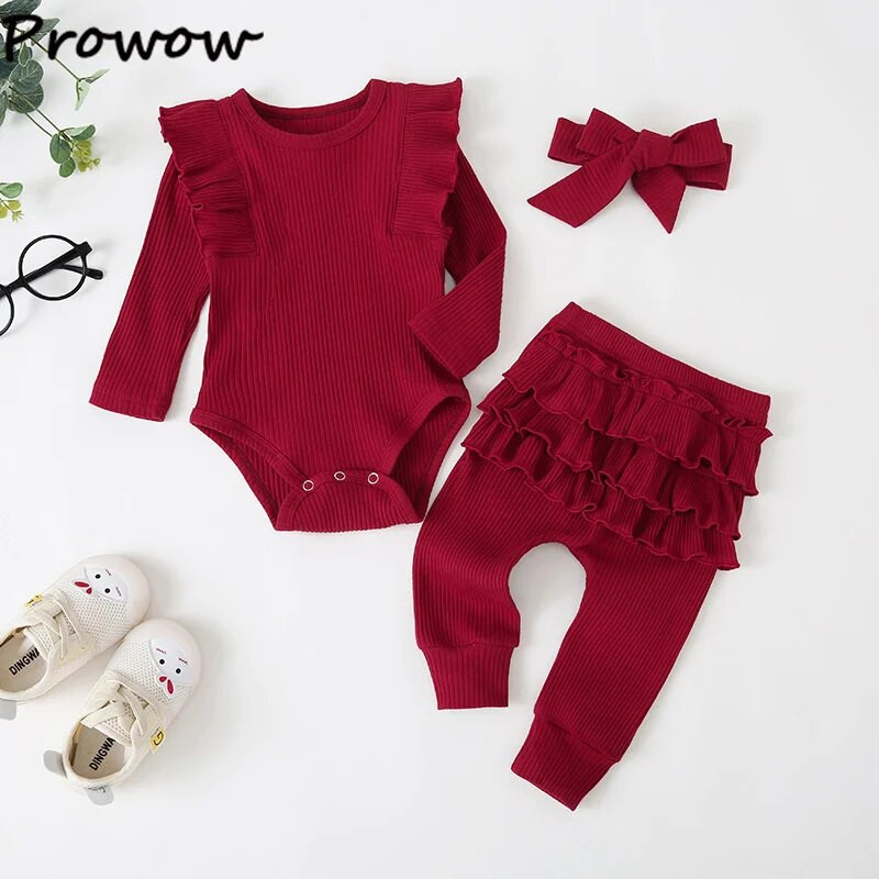 Prowow 0-18M őszi újszülött születési szettek Fodros tömör nadrág + fodros nadrág + fejpánt baba lányoknak, ruházati felszerelések