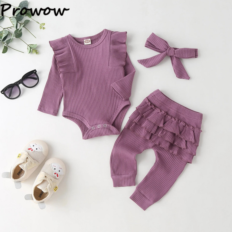 Prowow 0-18M őszi újszülött születési szettek Fodros tömör nadrág + fodros nadrág + fejpánt baba lányoknak, ruházati felszerelések