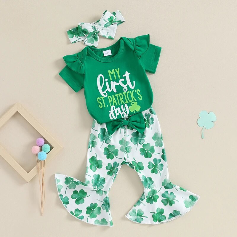 Kislányok tavaszi ruhák levélmintás rövid ujjú nadrágok zöld, négylevelű lóhere nyomatú, lobogó nadrág fejpánt, 3 db-os ruhakészlet